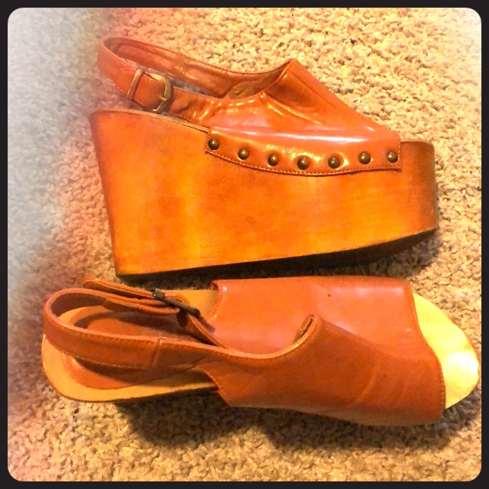 Brown wooden platform wedges